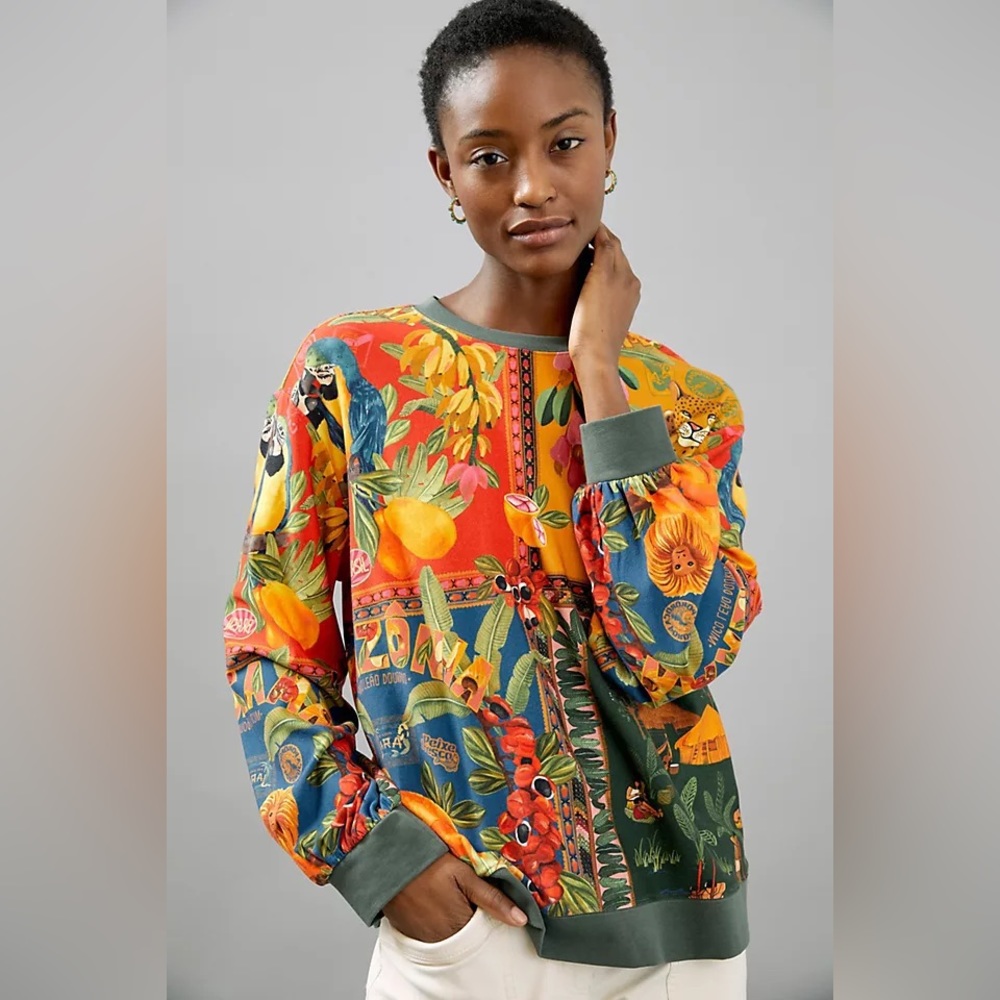 FARM RIO for Anthropologie Bosque Tropical Animal Pullover